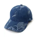 Detail view of a vintage washed denim baseball cap with white leaf print, casual sun hat. - Adult 55-58cm / 14 Blue