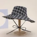 Black and white plaid wide-brim bucket hat, fashionable sun protection hat for women daily wear. - Plaid Black