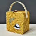 Handwoven straw gift basket box with leather handle and cute embroidered panda detail for storage. - Small [14*14*9] / Side Handle Basket [Panda Style]