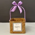 Hand-woven square straw gift basket featuring a purple ribbon handle and decorative label - Small (15*15*12) / Orange Basket (Grape Purple Ribbon)