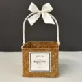 Hand-woven square straw gift basket with handle and elegant white satin ribbon bow - Orange Basket (Antique Porcelain White Ribbon)