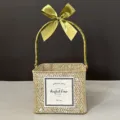 Elegant handmade square woven gift basket with olive green bow and decorative text label - Whitewashed Basket (Moss Green Ribbon)