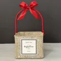 Handmade square woven gift basket featuring a red ribbon handle and a gift label - Whitewashed Basket (Wine Red Ribbon)