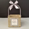 Woven square gift basket with lavender ribbon handle and decorative label for weddings - White-Washed Basket [Elegant Grey]