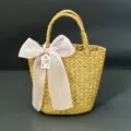 Handmade woven straw basket detail with pink organza bow and hanging tag for rustic gift packing. - 16*11cm / Light Pink Tulle + Basket