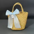 Handmade woven straw gift basket with blue bow, pastoral style wedding party storage container. - 16*11cm / Light Blue Tulle + Basket