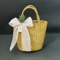 Straw woven handbag with pink bow and floral decor, large capacity beach tote bag for work. - 16*11cm / Light Pink Tulle + Basket + Flower Bouquet