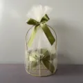 Gold metal wire gift basket with white tulle and green satin bow for wedding party favors. - Round Basket / Moss Green Snow Yarn