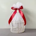 Gold metal gift basket with white star mesh and red ribbon bow for wedding party - Round Basket / Wine Red Star Moon Yarn