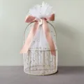 Golden metal gift basket with white star tulle and pink ribbon for wedding party packaging. - Round Basket / Nude Pink Star Moon Yarn