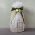 Golden metal gift basket with white star tulle and green ribbon for wedding party. - Round Basket / Moss Green Star Moon Yarn