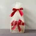 Golden metal gift basket with white sheer tulle and elegant red bow for weddings and parties. - Square Basket / Wine Red Snow Yarn