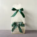 Golden metal gift basket with white tulle and dark green satin bow for wedding party favors and gifts - Square Basket / Dark Green Snow Yarn