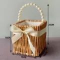 Wicker gift basket with pearl handle and bow detail, dimensions shown 16x16x25cm - White Elegant Square Basket