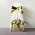 Gold wire gift basket decorated with white tulle and olive green bows for party packaging. - Square Basket / Moss Green Snow Yarn