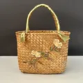 Handmade woven seagrass handbag with floral embroidery and green ribbon, perfect for gifting. - 30x14x21cm / Gold Rose Embroidered Style (DIY Ribbon)