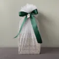 Gold wire gift basket with white star tulle and dark green bow for wedding and holiday presents. - Square Basket / Dark Green Star Moon Yarn