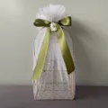 Gold wire gift basket with white starry tulle, olive green ribbon bow for wedding and events - Square Basket / Moss Green Star Moon Yarn