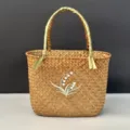 Woven seagrass handbag with lily embroidery and green ribbon handle for gift use only - 30x14x21cm / Lily of the Valley Embroidered Style (Self-Tie Ribbon)