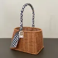 Handwoven rattan basket gift box with blue patterned ribbon and happiness tag for weddings. - Navy Blue Satin Scarf Style