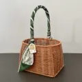 Woven rattan basket with green floral scarf and double happiness tag, perfect for wedding gift. - Green Floral Wisteria Satin Scarf Style