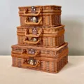 Set of three stacked vintage brown woven rattan suitcases with elegant gold latches - Small Size 22x17x11cm / Suitcase
