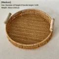 Round woven storage tray with wooden handles, natural rustic style desktop organizer. - Medium Round Tray 24x4.0x7.5cm