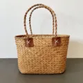 Nordic style handmade seagrass woven tote bag with twisted handles and leather accents - 30x15x24cm / Honey Color (Leather Handle)