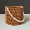 Round rattan woven handbag with elegant faux pearl handle stylish gift basket for women. - Diameter 16*Height 14.5 / Straw Baskets with Pearl Chains