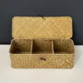 Handmade seagrass storage basket with lid and compartments for desktop organization and home decor - 32×12×11CM / Honey Color