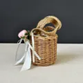 Handmade small straw woven basket rustic wedding favor candy gift box mini jute handle - 10*10cm / Pink Flower Basket