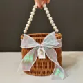 Pearl handle wicker basket with iridescent organza bow for wedding bridesmaid gifts. - Diameter 16*Height 14.5 / Dreamy Tulle Straw Baskets with Pearl Chains