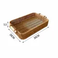 Nordic Rattan Storage Basket Rectangular Woven Tray with Wooden Handles Desktop Fruit Box - Small Rectangular Tray 30x20x5.5cm