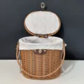 Imitation rattan storage basket with lid, floral lining, portable picnic woven basket. - 22*17*19/33 / Brown