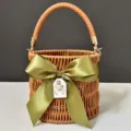 Handmade woven gift basket with green ribbon bow, perfect for wedding bridesmaid favors. - Diameter 16*Height 14.5 / [Moss Green] Leather Chain Basket Bag