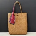 Large straw woven tote bag for women, summer beach handbag with stylish red scarf decoration. - Handbag + Bordeaux Scarf
