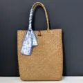 Large woven straw tote bag for women summer beach vacation handmade rattan basket bag with scarf - Handbag + Blue-Grey Flower Scarf