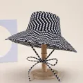 Black and white polka dot wide brim bucket hat detail, women summer beach sun protection hat. - Black Polka Dot
