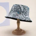 Schicker doppelseitiger bedruckter Eimerhut mit blauem Blumen-Paisley-Design, Freizeitsonnenschutz. - 20