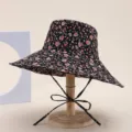 Women floral print wide brim bucket hat foldable sun protection beach summer hat detail - Small Floral Black