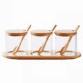Detailed size view of clear glass spice jars set with wooden lids, spoons and tray. - Rounded Corner Bamboo Bases 3-Pack / EPE Foam Packaging