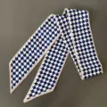 Elegant blue and white chevron narrow silk scarf for women's handbag accessory - Blue Plaid Silk Scarf