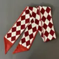 Classic red and white argyle diamond pattern silk ribbon scarf accessory for styling - Wine Red Plaid Scarf
