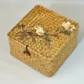 Handmade woven straw gift box with embroidered floral lid and wooden button closure - Square Large (20*20*11) x Golden Rose