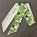 Stylish double-sided printed twilly scarf, green cotton bolls pattern and floral line art ribbon. - Green Cotton Flower Silk Scarf
