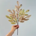 Artificial Christmas glitter gold leaf 5-prong branch for party home decor detail. - Single 5-Fork Glitter & Rose Gold Leaves