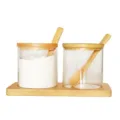 Clear glass seasoning jar set with wooden lid, spoon and base tray for kitchen detail - Square Corner Bamboo Bases 2-Pack / EPE Foam Packaging