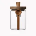 Bocal de stockage en verre avec couvercle en bois et cuillère, récipient 90x120mm. - Taille moyenne 600 ml