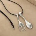 Stylish creative silver spoon and fork pendant necklace with black cord for women - Fork and Spoon Rope Style (ML1227) / Silver