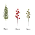 Set of artificial red berries, gold berries, and green pine branches for Christmas decor - Pine Branch Berry Set / 60 Pieces